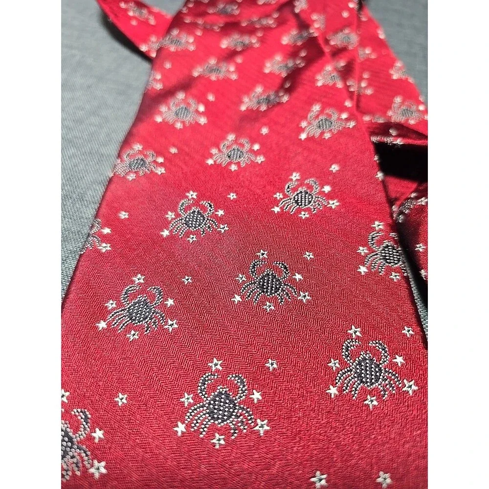 Vintage Tommy Hilfiger Astrology Cancer Crab & Stars Red Tie 100% Silk Witchy